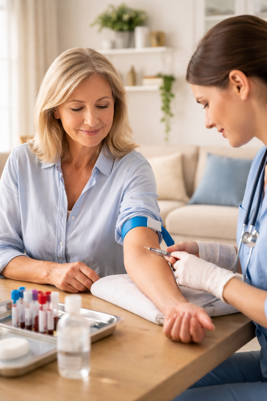 Certified phlebotomist performing a mobile blood draw in a comfortable home setting